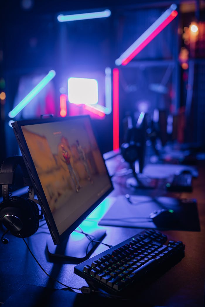 creative-03 A modern gaming setup with neon lights and high-quality equipment.